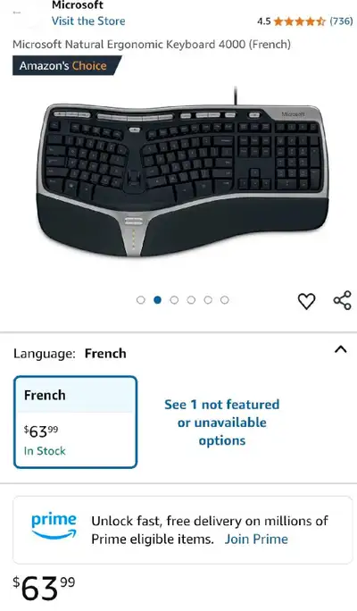 Microsoft Natural Ergonomic Keyboard 4000 French, View more