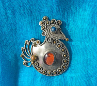 Alpaca Silver Bird Brooch * Semi-Precious Gems  * 4.cm / 1.5" L