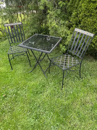 3 pce outdoor patio bistro set 2x wrought iron chairs + table , View more