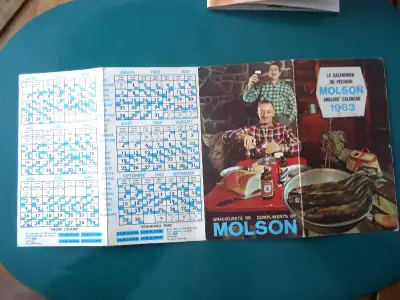 Le calendrier du pêcheur. Brasserie (bière) Molson. Concours du Club de Pêche Molson (12000$ à gagne...
