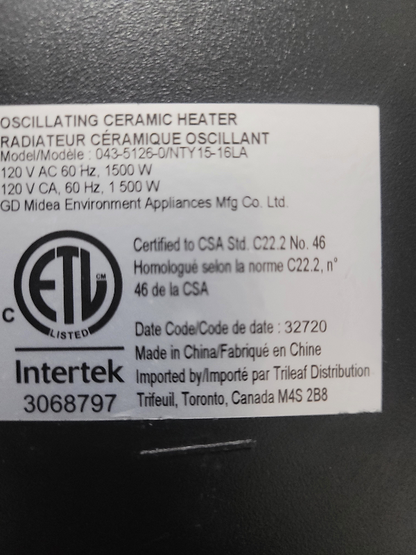 INTERTEK OSCILLATING CERAMIC HEATER in Heaters, Humidifiers & Dehumidifiers in Mississauga / Peel Region - Image 4