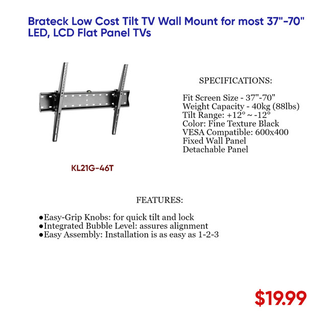 TV WALL BRACKETS, NON TILTING, TILTING, CEILING, FULLMOTION in General Electronics in Mississauga / Peel Region - Image 2