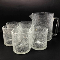 Empoli Italy Crackle Glass Pitcher w/ 6 Tumblers Set