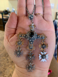 ANTIQUE MEXICO STERLING SILVER BLACK ONYX CROSS NECKLACE