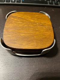 Set of 4 Wooden George Coasters in Metal Holder