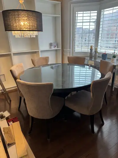 60 Inch Round Dining Room Table and 6 Custom Chairs., View more