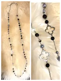 Necklace, silver hardware, silver and black beads