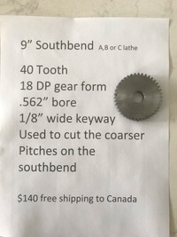 9” southbend metal lathe 40 tooth gear