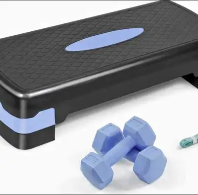 ADJUSTABLE HEIGHT AEROBIC STEPPER SET WITH 2 DUMBBELLS &, View more