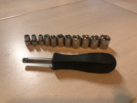 VINTAGE NUT RATCHETING SCREWDRIVER + 11 SOCKETS (MYCODE#065)