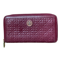 TORY BURCH Continental Burgundy Leather Quilted Zip Wallet