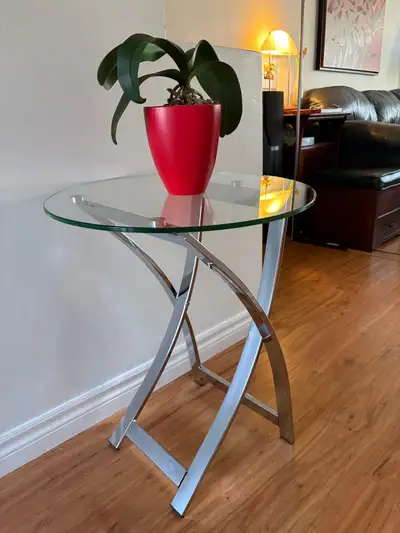 Vintage contemporary design chrome and glass end table., View more