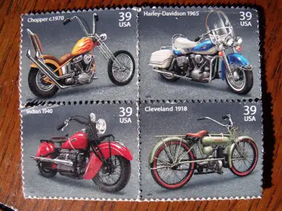 Four US Post Office "American Motorcycle" postage stamps issued August 2006 to coincide with Sturgis...