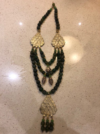 African Green Beaded Necklace with Gold Pendants