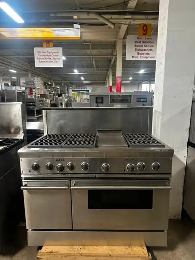 Commercial propane range 48″ 4 Burners, 12″ Griddle, 12′ Grill, 2 Ovens Refurbished Item # SRBO-0078...