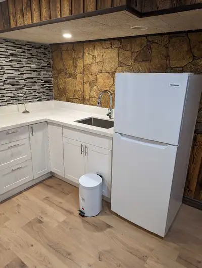 Single occupancy furnished Basement. Shared side door entrance. Full kitchen with family size fridge...