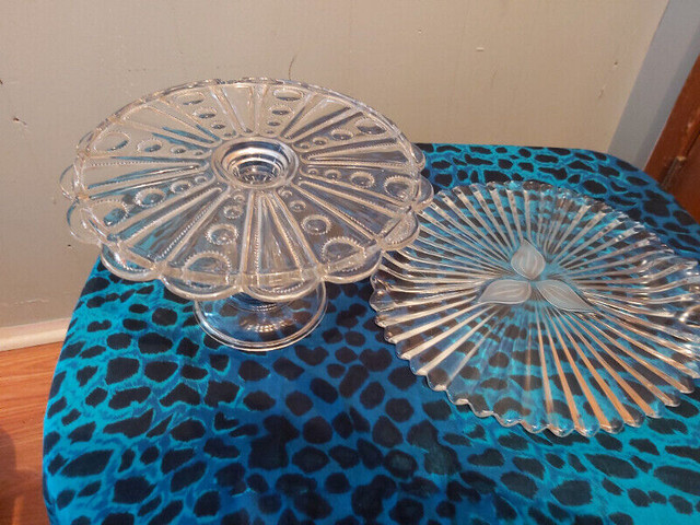 3 Pc Jeanette Glass & 2 Pressed Glass Cake Plates in Arts & Collectibles in Saint John - Image 3