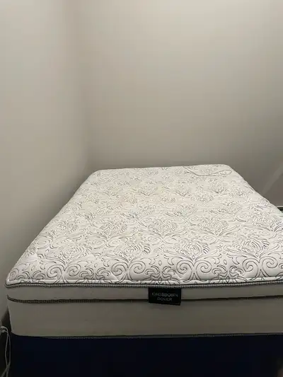 Queen size bed with mattress, box spring, stand rails, dresser, mirror, duvet and cover, protective...
