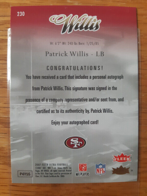 2007 ultra autographs /199 PATRICK WILLIS rookie in Arts & Collectibles in St. Catharines - Image 3