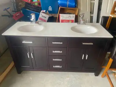  Solid wood bathroom double sinks vanity  63”White quartz top ., View more