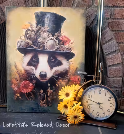 Steampunk badger on canvas. Various colors added to frame, copper gear embellishments,topcoated for...