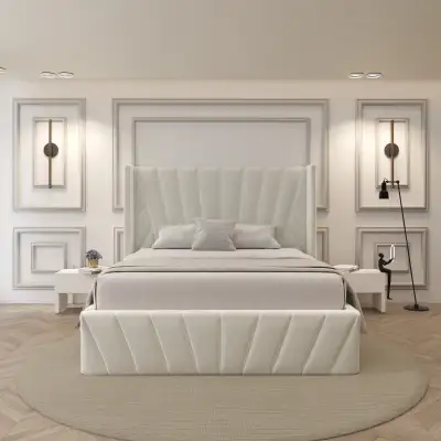 Lift up queen bed | Beige Velvet | Warranty Available, View more