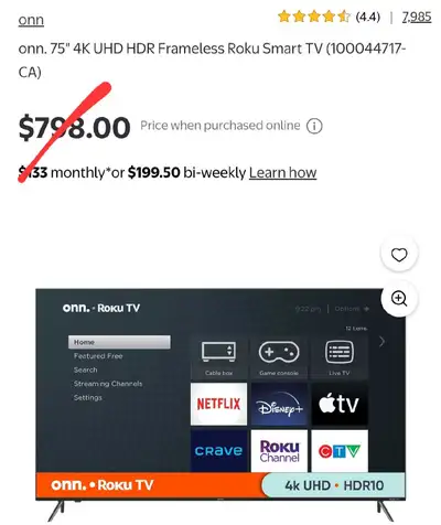 75" TV SALE! 75" ONN 4K ROKU SMART TV! From $520!, View more