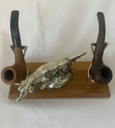 antique 2 tobacco pipes with unique stand., View more