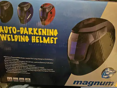 New, in box Magnum Jaguar Auto Darkening Welding helmet. Features a grind mode, adjustable sensitivi...