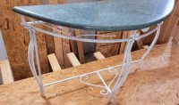 Marble top curved hall table with metal base