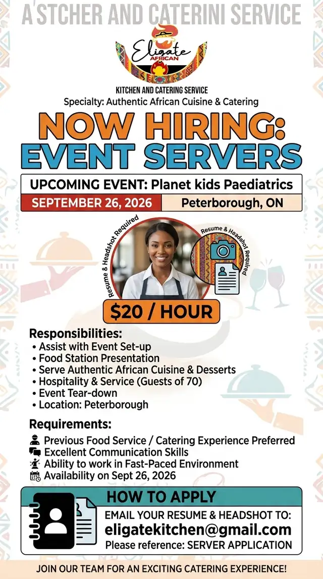 HIRING: Event Servers – $20/HR CASH(Sat Sept 26 in Peterborough)
