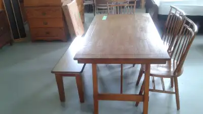 Dining Room Table, Three chairs, and a Bench, View more