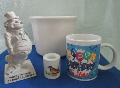 FLOWER POT, CANDLEHOLDER,  BIRTHDAY MUG & WISE GUY FIGURE, View more