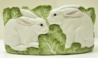 NEW, BISQUE PORCELAIN, RABBITS & CABBAGE OVAL PLANTER