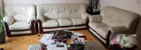 3 Piece Couch Set - White Italian Leather w/ Mahogany Cherrywood