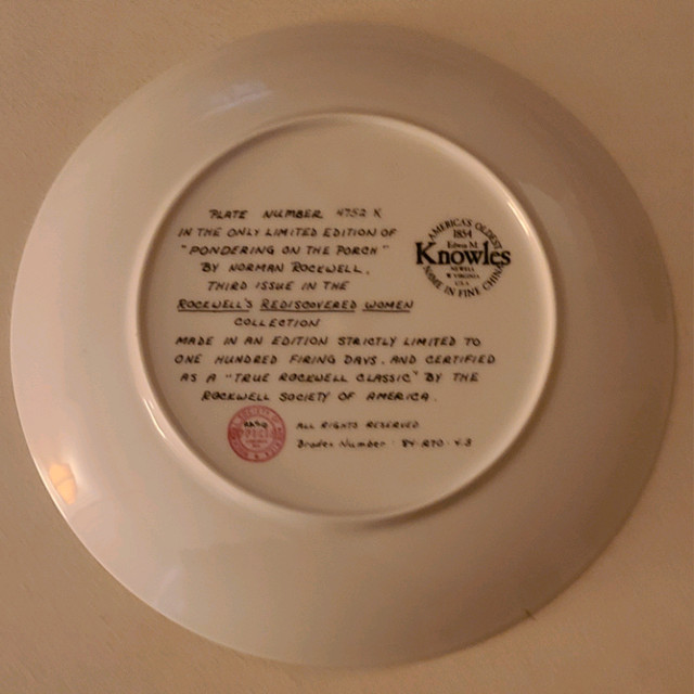 Vintage Norman Rockwell plate Pondering on the porch in Arts & Collectibles in Owen Sound - Image 3