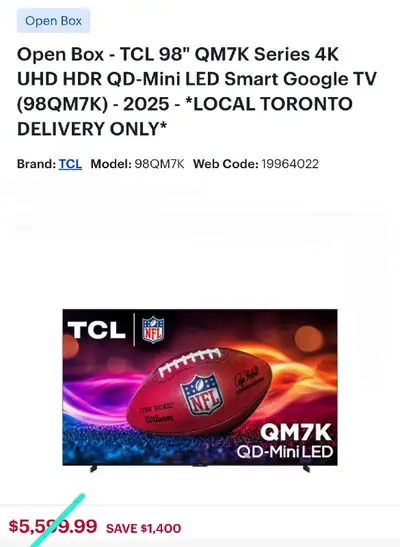 2025- TCL 98" QM7K Series 4K UHD HDR QD-Mini LED Smart Google TV, View more