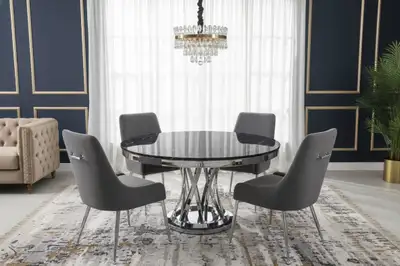 Modern Round Dining Table Set – Black Marble Look, View more