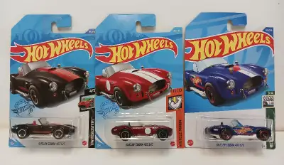 Shelby Cobra 427 S/C 3 Colour Variations: - 2019 Hot Wheels HW Roadsters 4/5 (black) - 2021 Hot Whee...