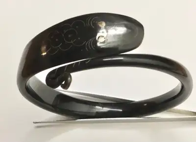 Vintage Hand Carved Black Horn Snake Bangle Bracelet, India, View more