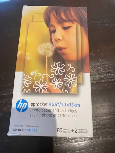 HP sprocket phot paper and cartridges unused 4x 6 size qnt of paper = 80 2 print cartridges It's not...