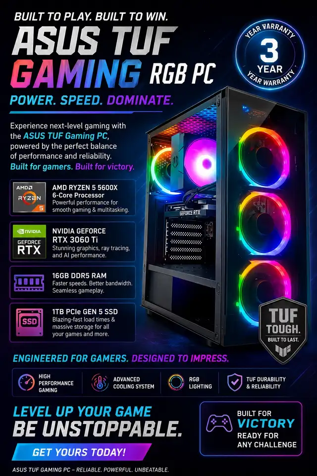 ASUS Tuff Gaming RGB PC 16GB DDR4 RAM-1TB SSD-RTX 3060 Ti