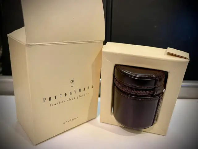 Pottery Barn Leather Flask and Pottery Barn Leather Shot Glasses in Kitchen & Dining Wares in Kitchener / Waterloo - Image 4