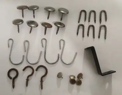 Lot of hooks, staple nails, thumb tacks, bracket - home repairs, View more