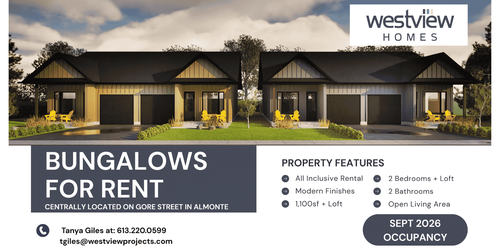 New Bungalow Townhome Rentals in Almonte adjacent to the Hospital. Rent includes gas, hydro, snow an...