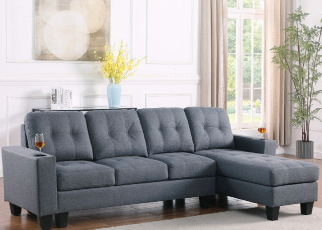 Big Sale New 2 Pc Sectional Fabric Sofa with Cup Holder – Gray in Couches & Futons in Leamington