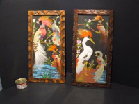 2 folk artworks made with real bird feathers in wooden frames