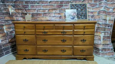 Good Sturdy Condition Solid Maple Wood Triple Dresser Sideboard Entry way table etc Has clean drawer...