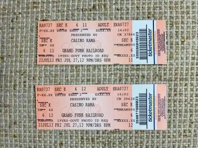 Grand Funk Railroad - 2 Vintage Tickets (CasaRama Jul 27, 2012), View more