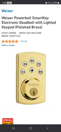 Weiser Powerbolt 2 Brass/ Gold Keyless Entry Door Lock/Deadbolt